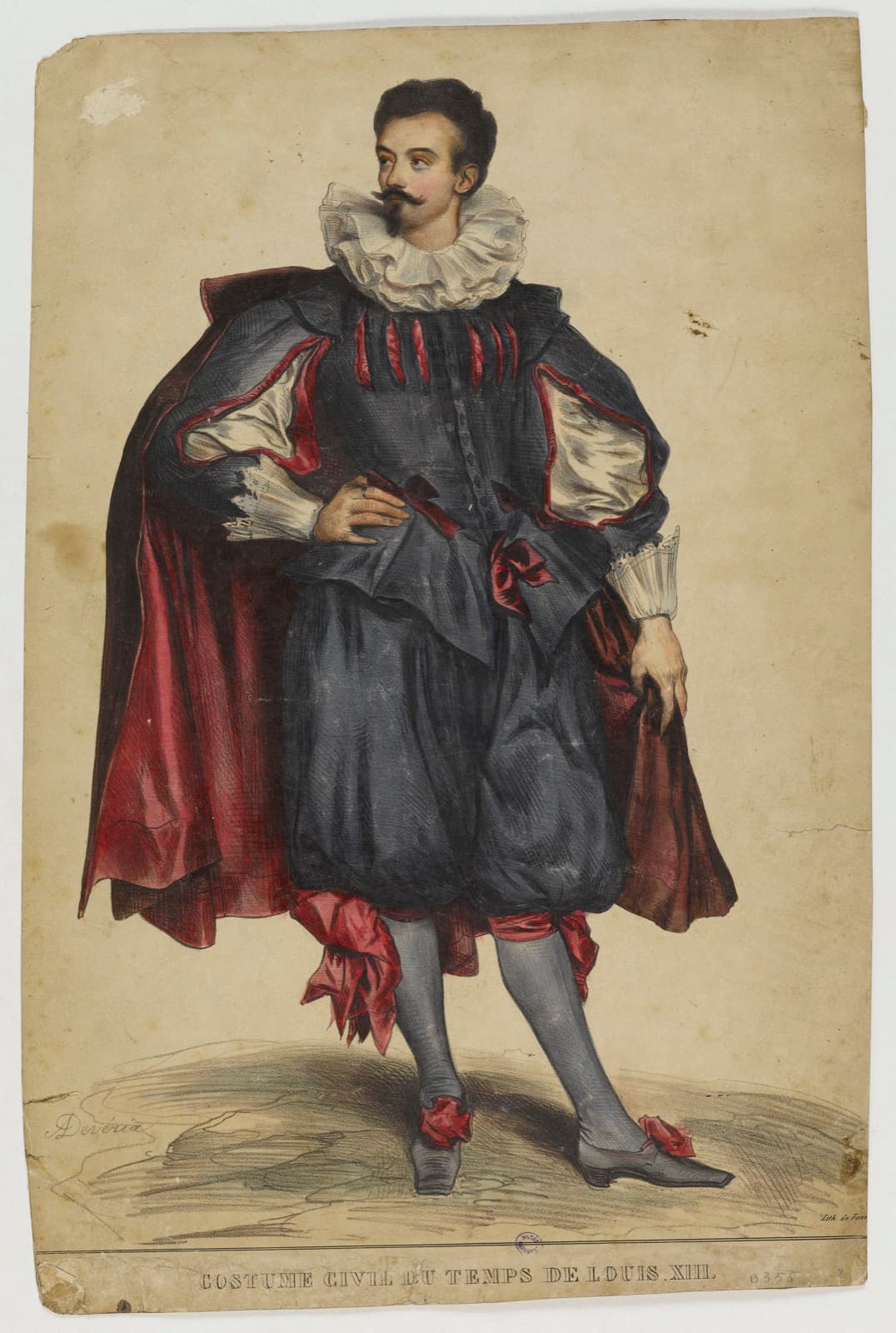 A hand-coloured print of a gentleman’s costume from the time of Louis XIII, with ruff collar and cape