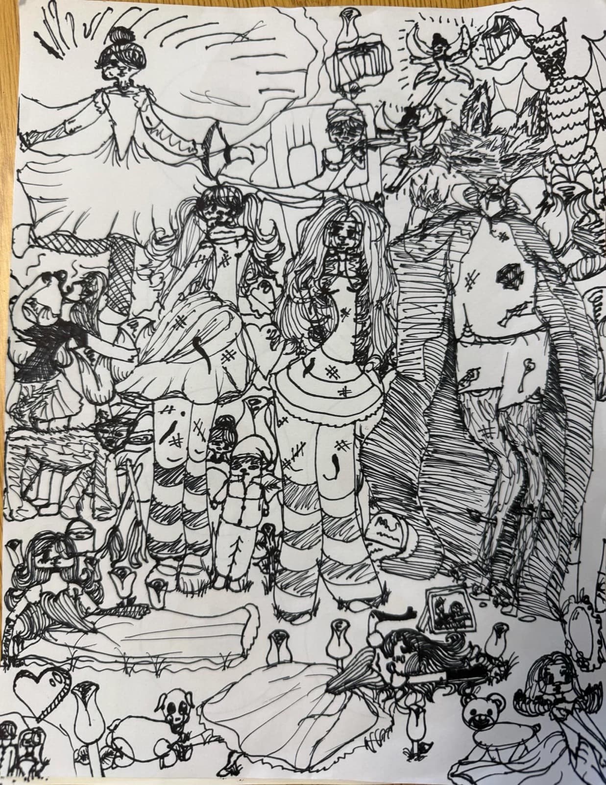 Instagram post: A detailed black-and-white pen drawing crowded with fairy-tale characters