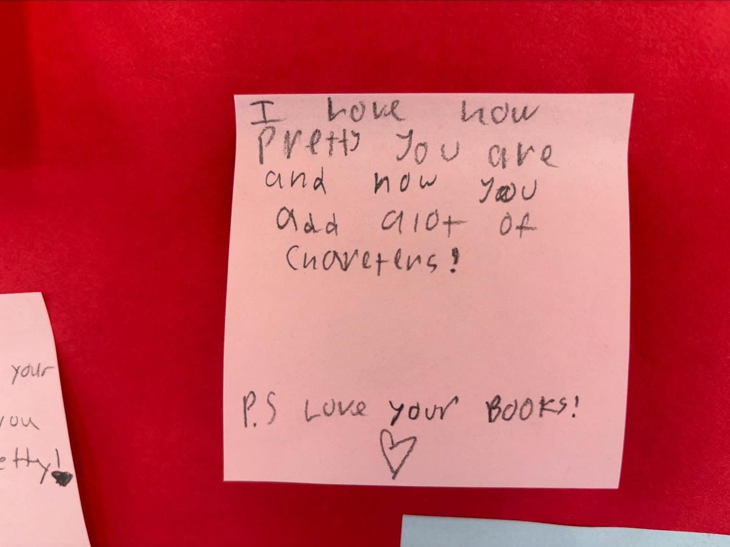 Instagram post: A young reader's handwritten sticky note saying they love Liesl's characters and her books