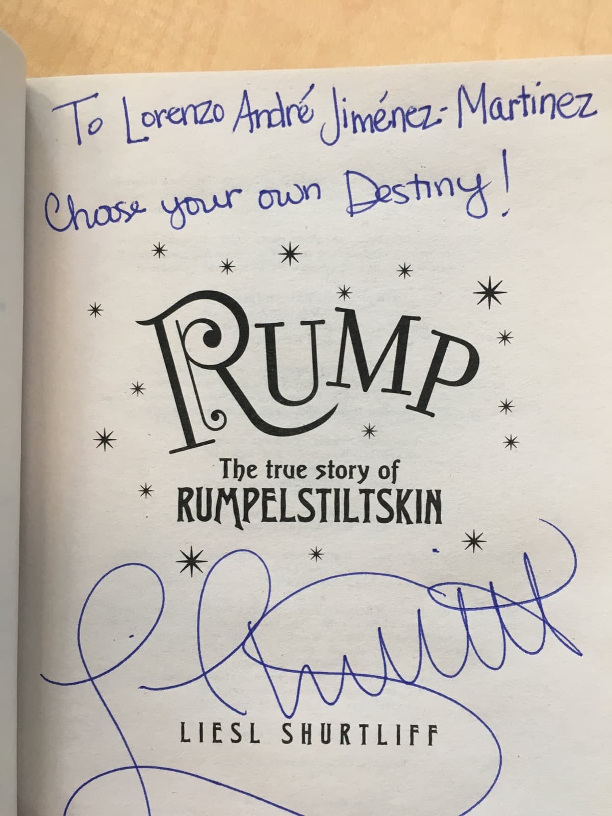 A book signed by Liesl for a student