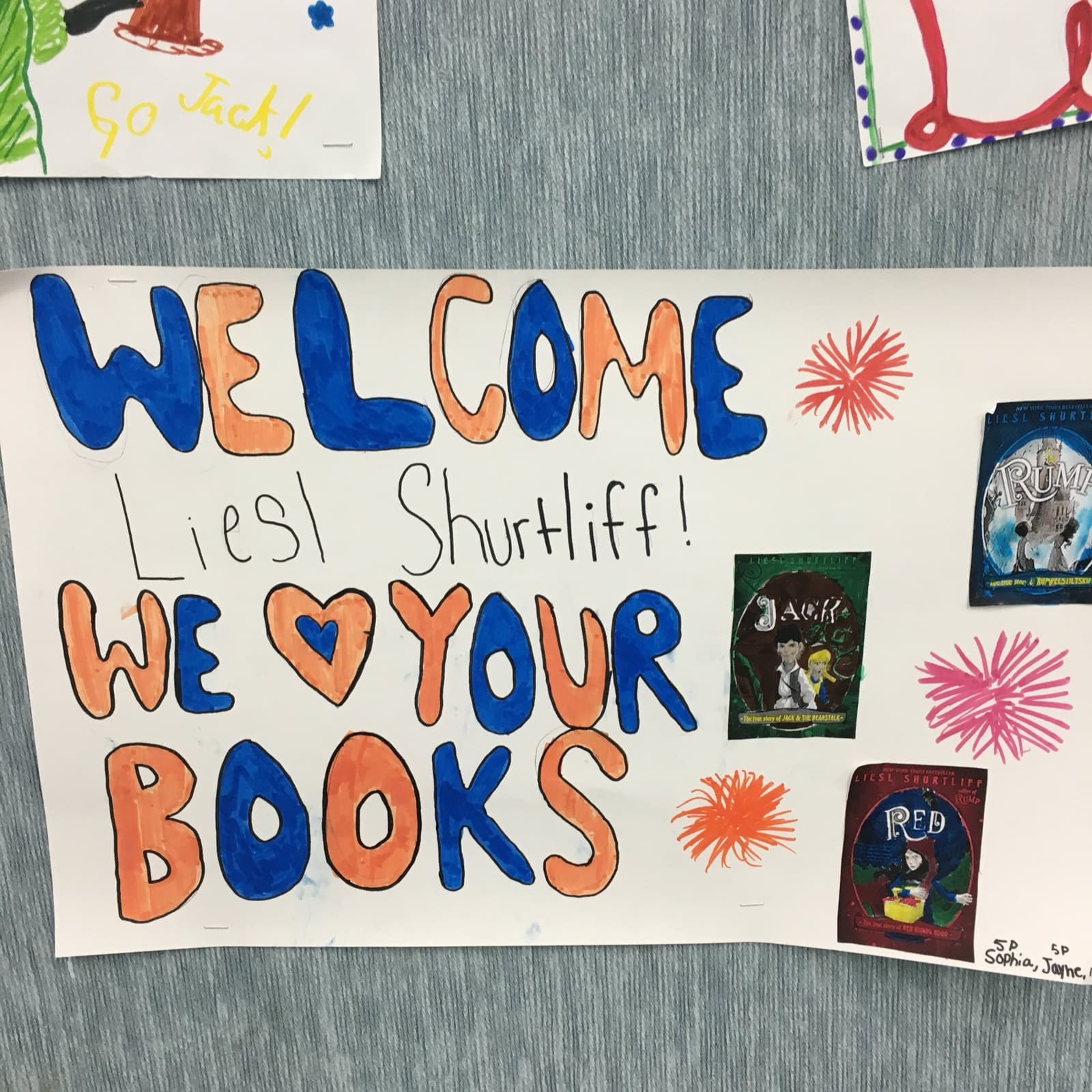 A student-made “Welcome Liesl Shurtliff! We love your books” poster