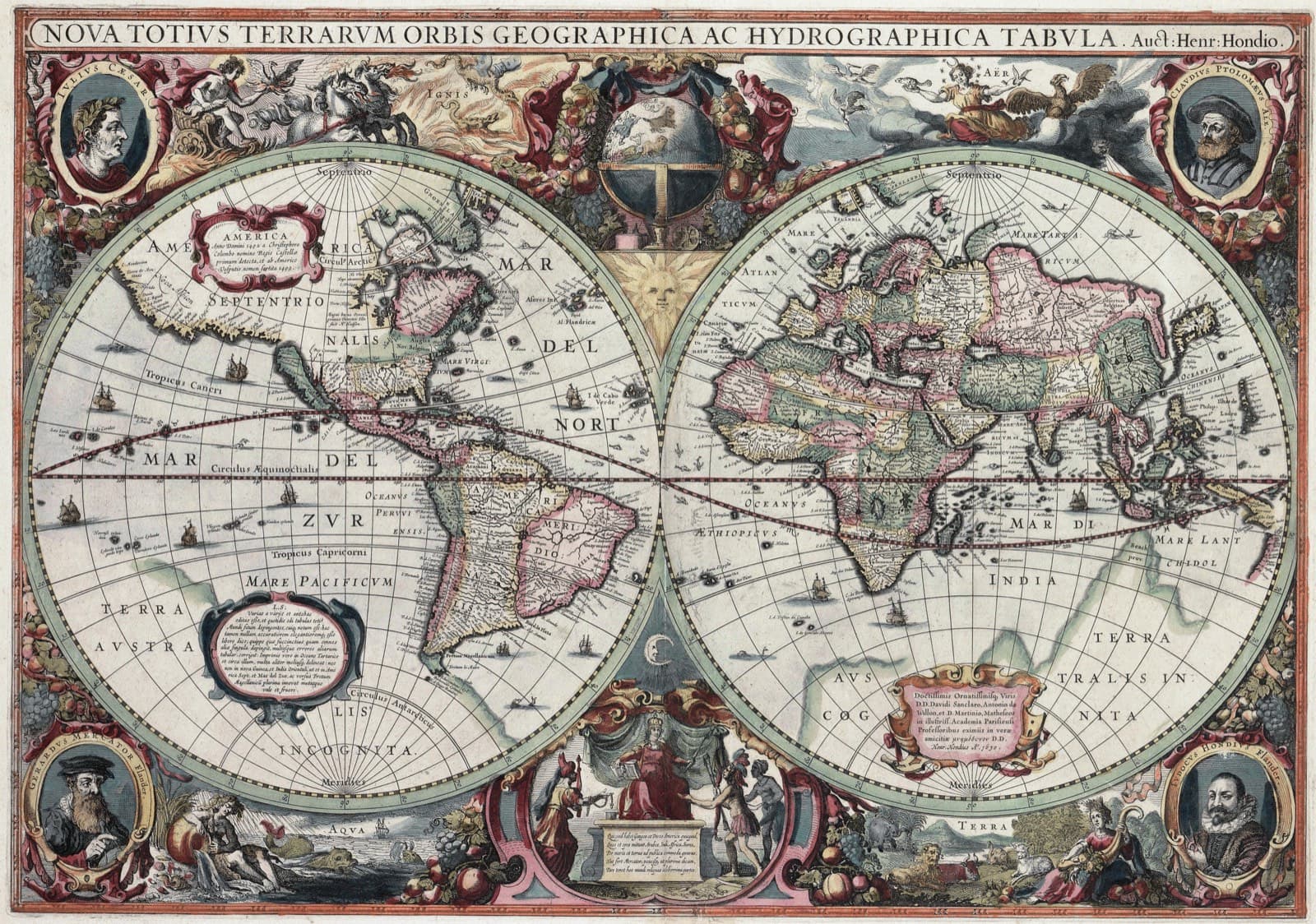 A world map from 1630 by Henricus Hondius, with two hemispheres