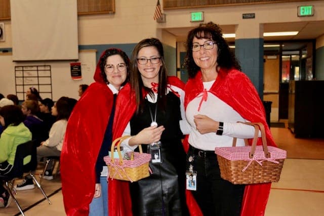 Teachers dressed as Red Riding Hood for Liesl's visit